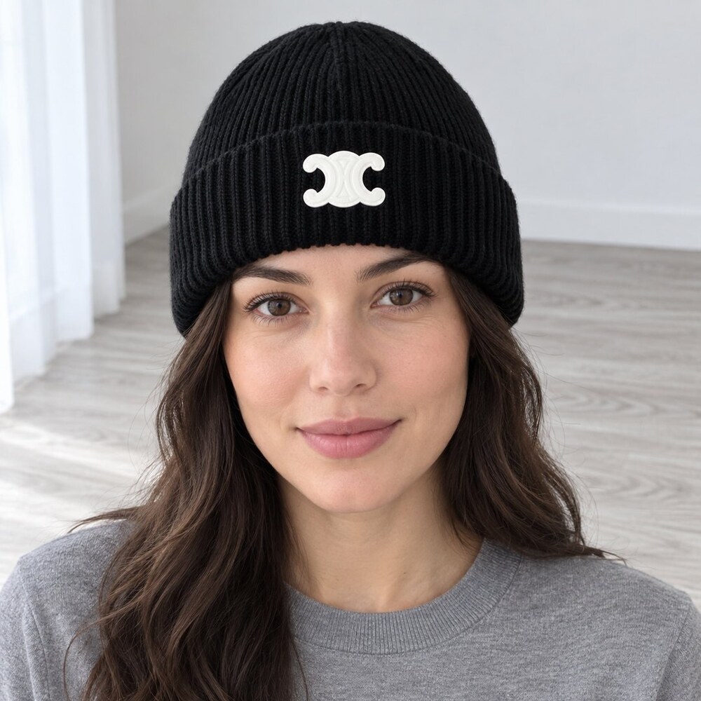 CELINE Triomphe Black Ribbed Knit Beanie - Picture 2 of 6